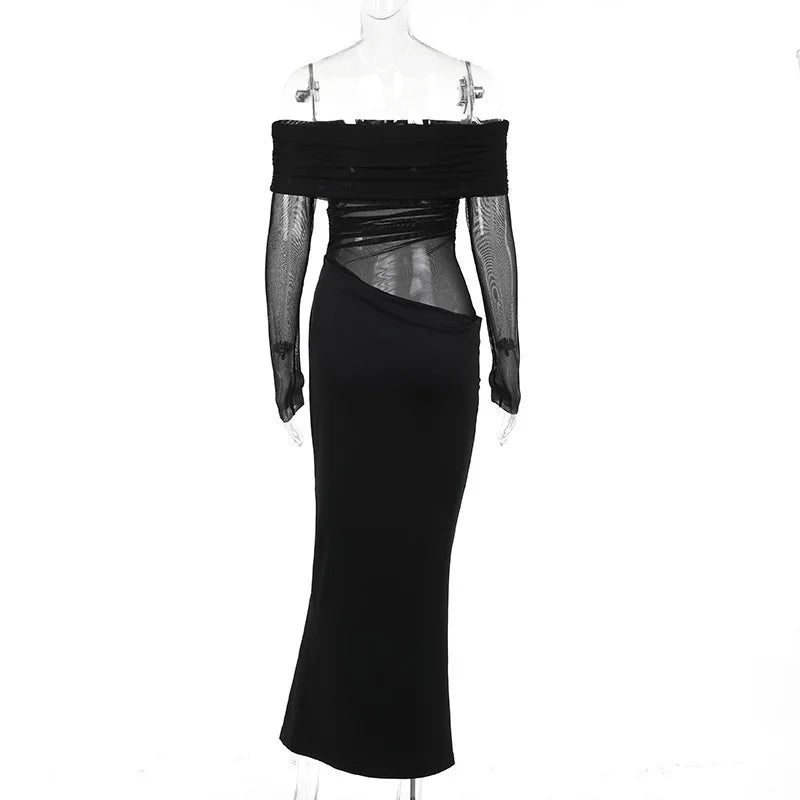 Off-shoulder Mesh See Through Sexy Maxi Dress For Women Elegant Strapless Long Sleeve Backless Bodycon Club Party Dress