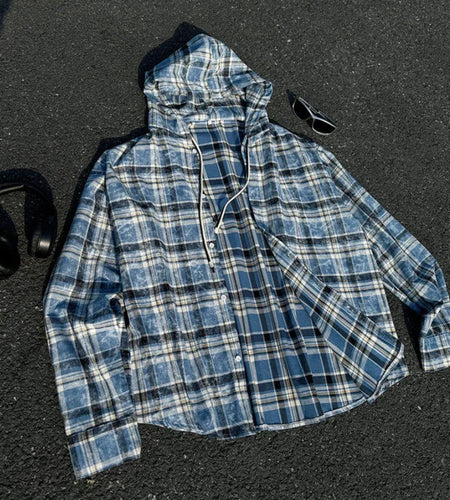 Male New Kroean Spring Men's Hooded Plaid Shirt Single Breasted Design Casual Handsome Long Sleeves Style 2025 9W1396