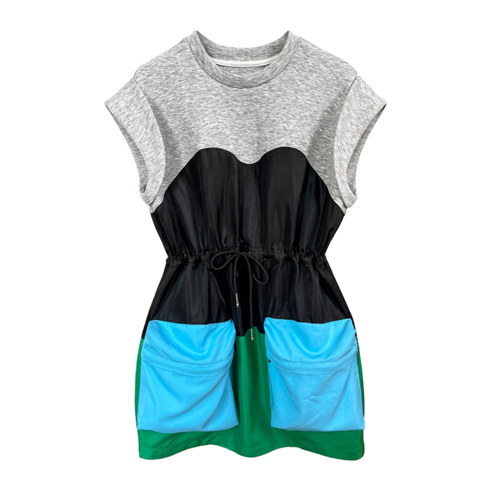 Streetwear Dress For Women Round Neck Sleeveless High Waist Patchwork Colorblock Mini Dresses Female Summer Clothes