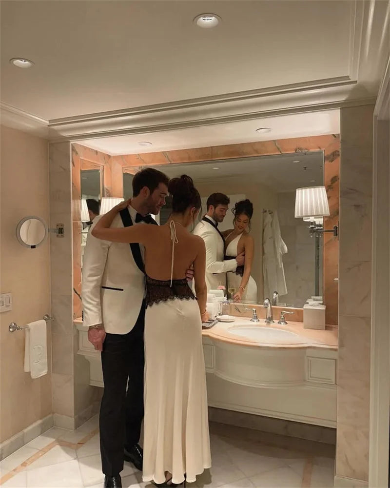 Summer Backless Sexy Maxi Dress Women Gown Patchwork Lace Halter Deep V Neck Sleeveless High Waist Elegant Long Dress