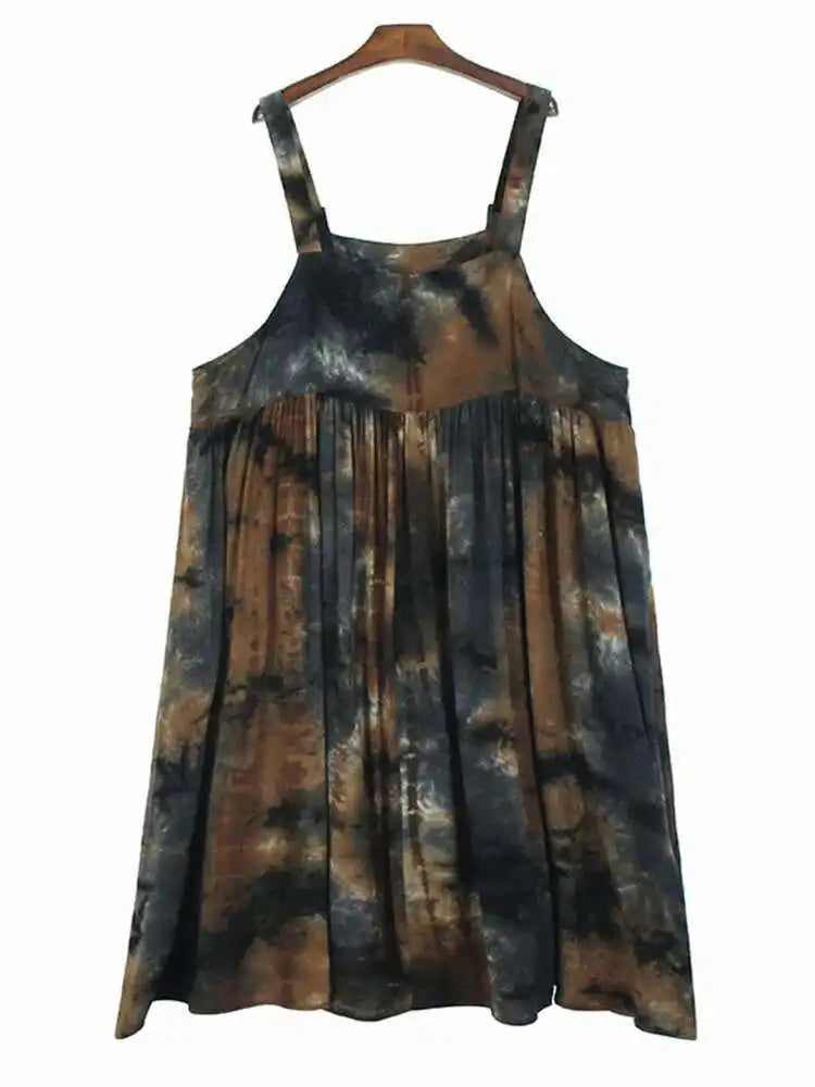 Women Tie Dye Pleated Big Size Casual Strap Dress New Square Collar Sleeveless Fashion Tide Spring Autumn 2025  1DH6611