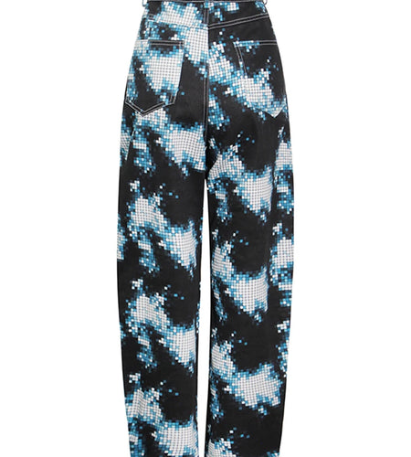 Casual Print Denim Straight Pants For Women High Waist Colorblock Loose Trousers Female Autumn Clothing Fashion New