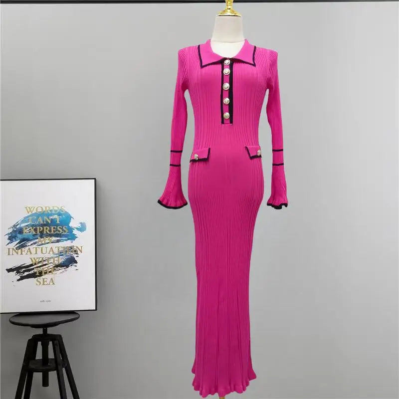 Autumn Winter Patchwork Single-breasted Casual Pullover Sweater Dress Elegant Office Women's Temperament Long Sleeve Knit Dress