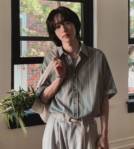 Men's Short Sleeve Striped Shirts New Summer Loose Single Breasted Casual Turn-down Collar Korean Trendy Top 9W1620