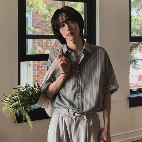 Load image into Gallery viewer, Men's Short Sleeve Striped Shirts New Summer Loose Single Breasted Casual Turn-down Collar Korean Trendy Top 9W1620
