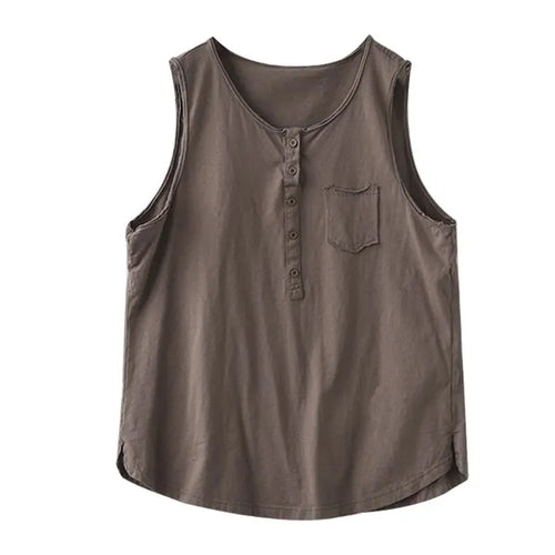 Load image into Gallery viewer, Women&#39;s Black Casual Loose Pocket Vest Summer Fashion Brown Sleeveless Buttons Bottoming Tops Large Size Versatile Trendy Tanks
