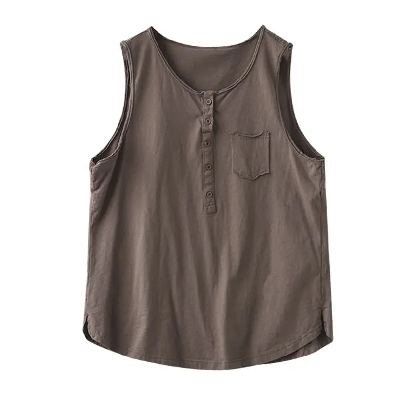 Women's Black Casual Loose Pocket Vest Summer Fashion Brown Sleeveless Buttons Bottoming Tops Large Size Versatile Trendy Tanks