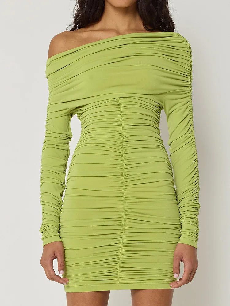 Elegant Long Sleeved Pleated Elastic Tight Dress Women 2025 New Autumn/Winter Short Skirt Sexy Slim Party Club Vestido