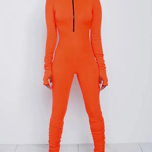 Load image into Gallery viewer, Turtleneck Zipper Skinny Jumpsuit Women Long Sleeve One Piece Neon Orange Bodysuit Female Running Fitness Outfits
