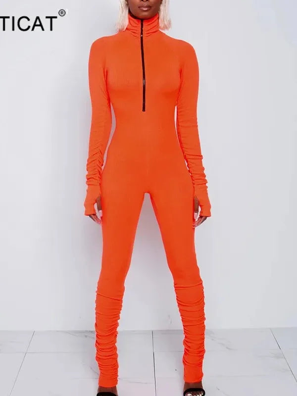 Turtleneck Zipper Skinny Jumpsuit Women Long Sleeve One Piece Neon Orange Bodysuit Female Running Fitness Outfits