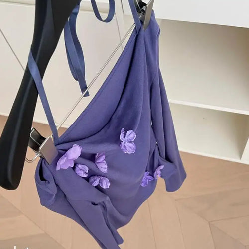 Load image into Gallery viewer, French Women Beige Flower Decorate Slim Pleated Short Tops Spring Autumn Purple Elegant Long Sleeve Off Shoulder Halter T Shirt
