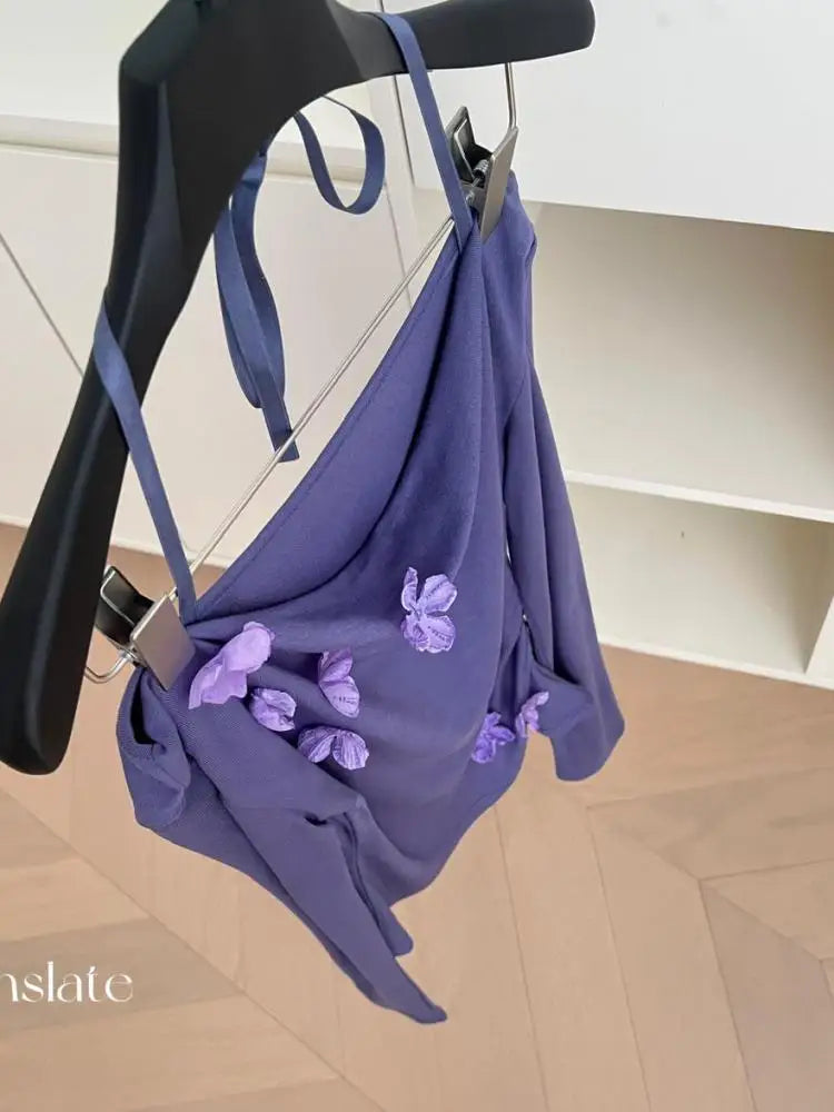 French Women Beige Flower Decorate Slim Pleated Short Tops Spring Autumn Purple Elegant Long Sleeve Off Shoulder Halter T Shirt