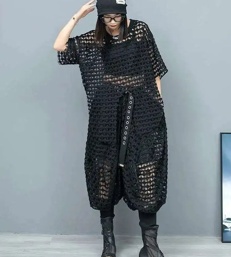 Big Size Mesh T-shirt Wide Leg Pants Two Piece Suit New Round Neck Short Sleeve Women Fashion Spring Summer 2025 1DH6432