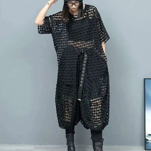 Load image into Gallery viewer, Big Size Mesh T-shirt Wide Leg Pants Two Piece Suit New Round Neck Short Sleeve Women Fashion Spring Summer 2025 1DH6432

