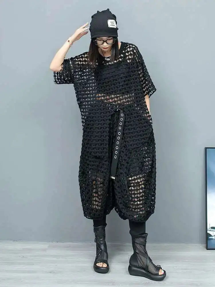 Big Size Mesh T-shirt Wide Leg Pants Two Piece Suit New Round Neck Short Sleeve Women Fashion Spring Summer 2025 1DH6432