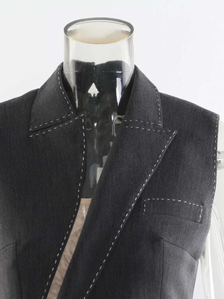 Women Gray Topstitched Mesh Elegant Shaped Long Dress New V-Neck Sleeveless Fashion Tide Spring Autumn 2025 1DJ0343