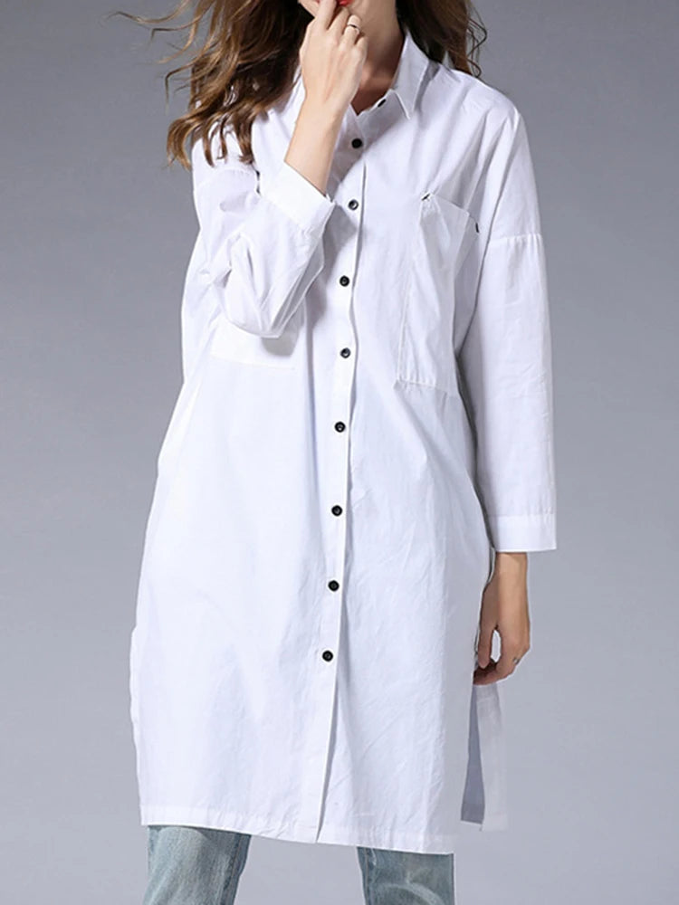 Women White Pocket Slit Spliced Big Size Long Blouse New Lapel Long Sleeve Shirt Fashion Tide Spring Autumn 2025 1DJ1506