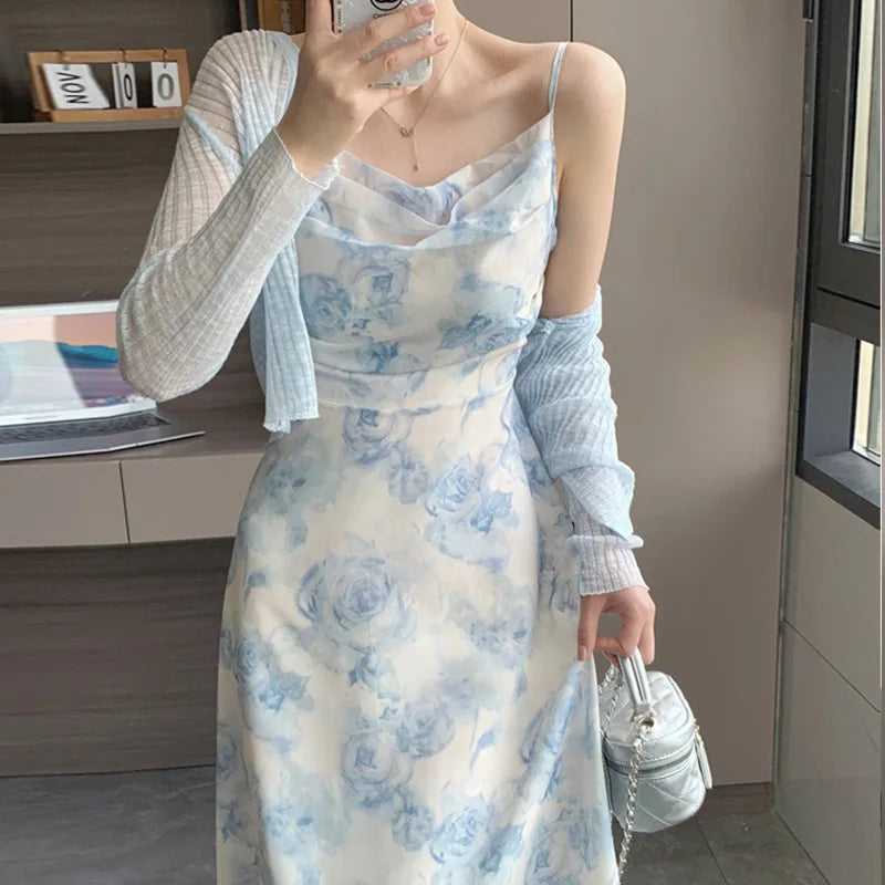 Summer Blue Flower Sleeveless Elegant Pleated Slip Long Dresses Fashion Women Vintage High Waist Backless Vacation Sundress Boho