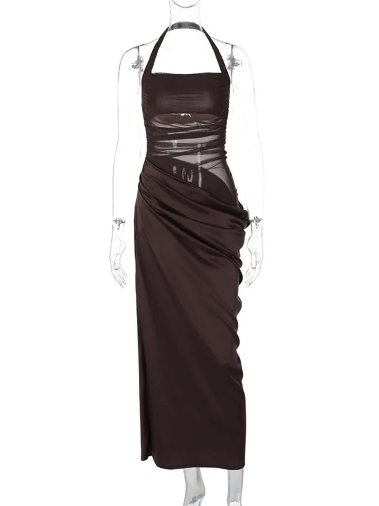 Mesh Patchwork Backless Sexy Maxi Dress For Women Gown Fashion Halter Sleeveless Strapless Bodycon Club Long Dress