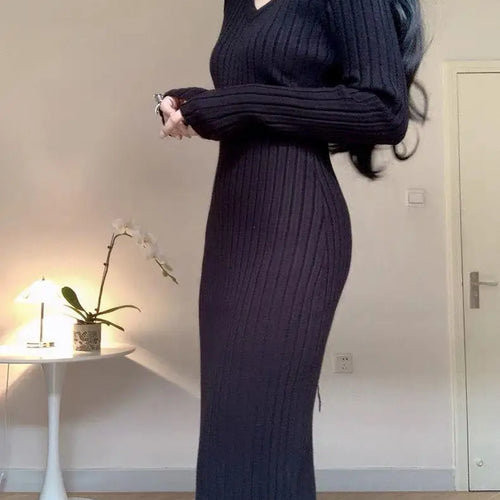 Load image into Gallery viewer, Korean White Knit Long Dress Black V Collar Long Sleeves Bodycon Slim Women Elegant 2023 Autumn Party Khaki Wrap Hip Dress Trend
