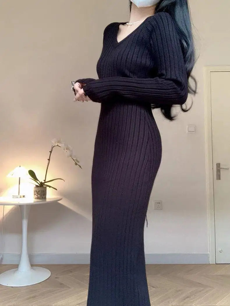 Korean White Knit Long Dress Black V Collar Long Sleeves Bodycon Slim Women Elegant 2023 Autumn Party Khaki Wrap Hip Dress Trend