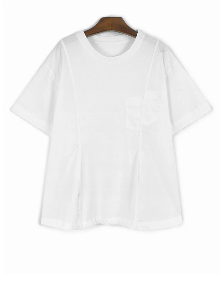 Women Gray Irregular Pocket Spliced Big Size T-shirt New Round Neck Short Sleeve Fashion Tide Spring Summer 2025  1DJ0923