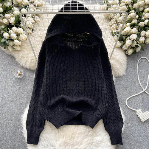 Load image into Gallery viewer, Korean Women Black Twists Hooded Knitted Sweater Fashion Blue Loose Long Sleeve Lady Green Pullovers Tops Casual Autumn Winter
