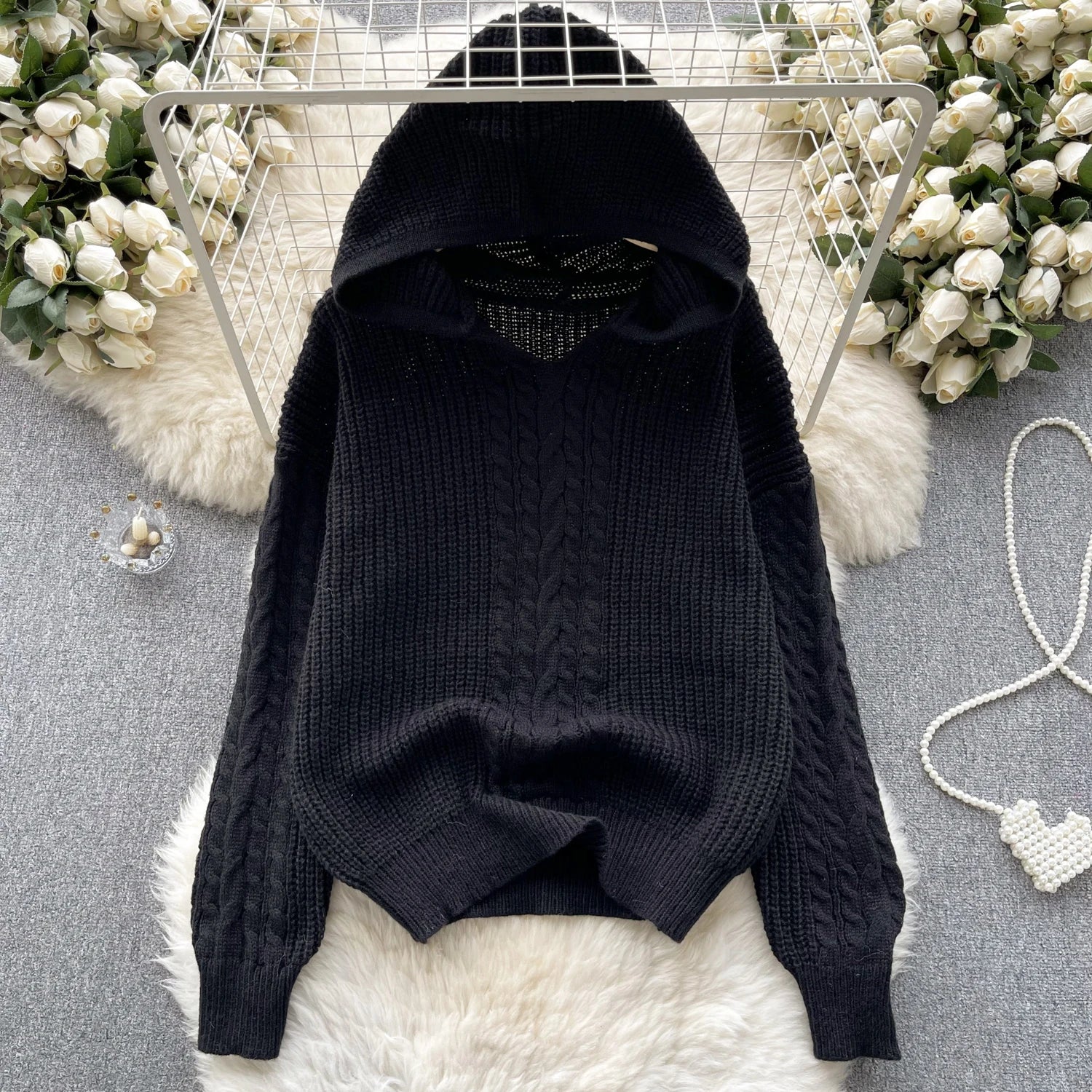 Korean Women Black Twists Hooded Knitted Sweater Fashion Blue Loose Long Sleeve Lady Green Pullovers Tops Casual Autumn Winter