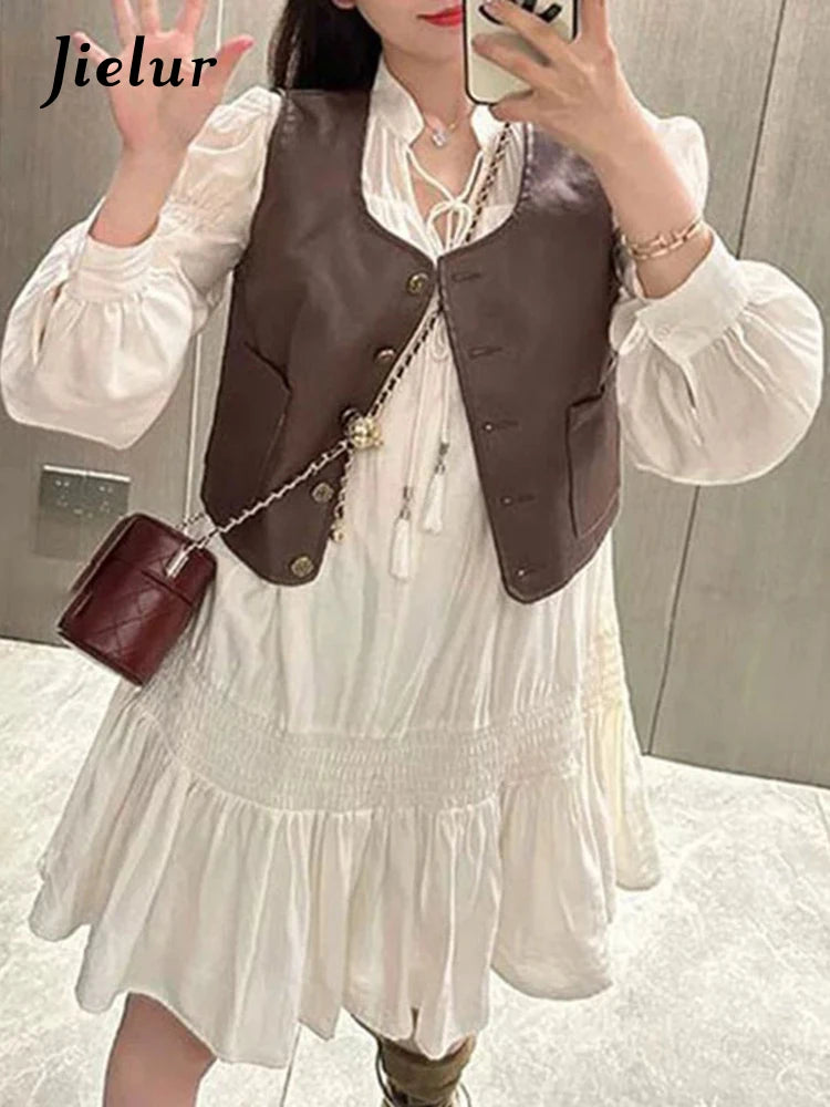 White Lace-up Ruffled Belt Women Dresses Fashion Simple Office Lady Shirt Dress Solid Color Casual Female Vacation Dress