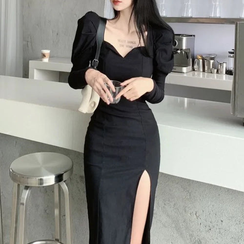 Load image into Gallery viewer, Vintage Balck Dress Women Casual Elegant Slim Wrap Split Party Dresses Puff Sleeve Square Collar  Fashion Korean
