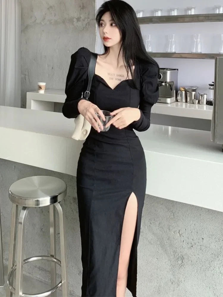 Vintage Balck Dress Women Casual Elegant Slim Wrap Split Party Dresses Puff Sleeve Square Collar  Fashion Korean