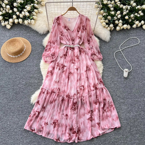 Load image into Gallery viewer, French Women Vintage Sweet Printed Birthday Evening Party Long Dresses Autumn New V Neck  Lantern Sleeves Pleated Dress Bohemian
