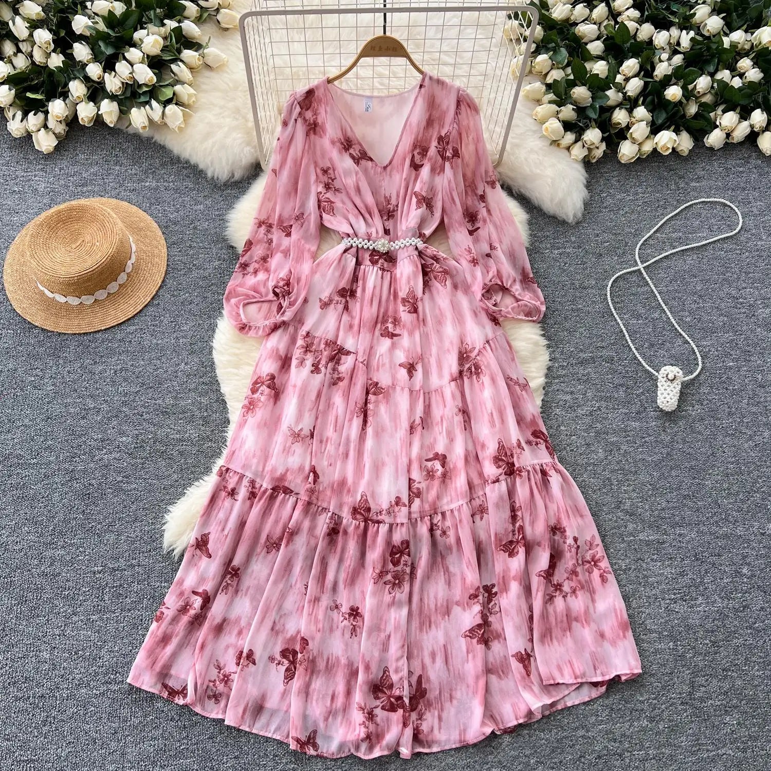 French Women Vintage Sweet Printed Birthday Evening Party Long Dresses Autumn New V Neck  Lantern Sleeves Pleated Dress Bohemian
