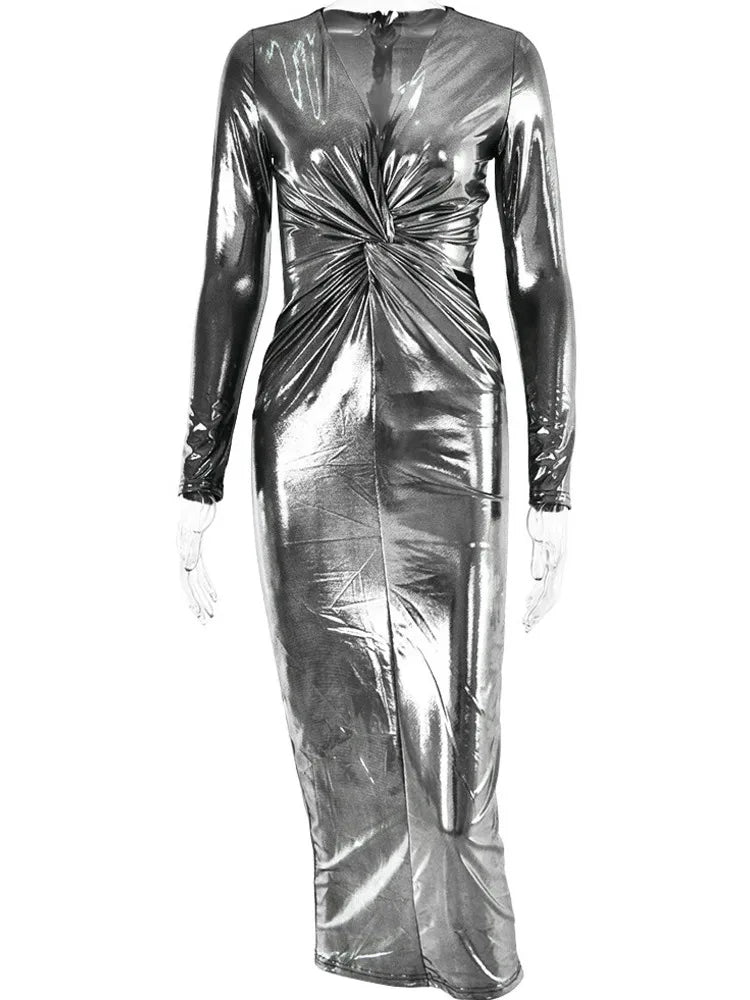 Winter Sexy Deep V Long Sleeve Dress For Women Bodycon Pleated Metal Maxi Dress Elegant Party Club Evening Vestidos 2024
