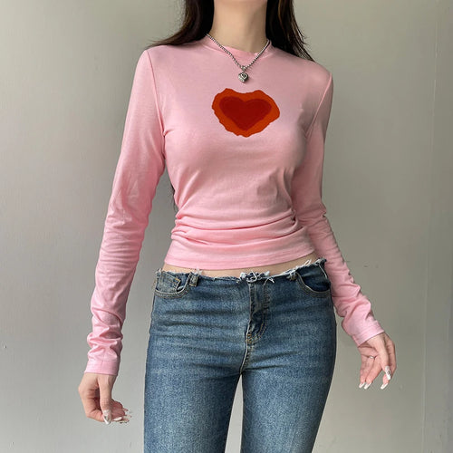 Load image into Gallery viewer, Sweet Pink Fitness Autumn Tee Women Long Sleeve Heart Print Basic T-shirts Coquette Clothes Korean Sweats Top Outfits
