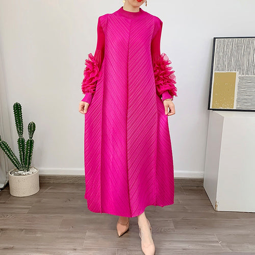 Load image into Gallery viewer, Loose Minimalist Ruffles Dresses For Women Round Neck Long Sleeve High Waist Pullover Dress Female Fashion
