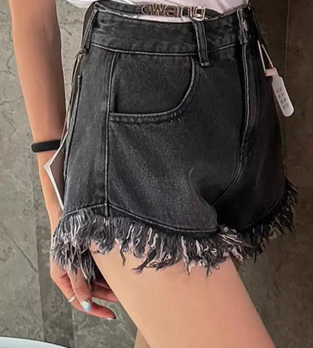 Vintage Women New Black High Waist Tassel Denim Shorts Summer Korean Version Blue Wide Leg Plus Size Jean Short Pant Casual Chic