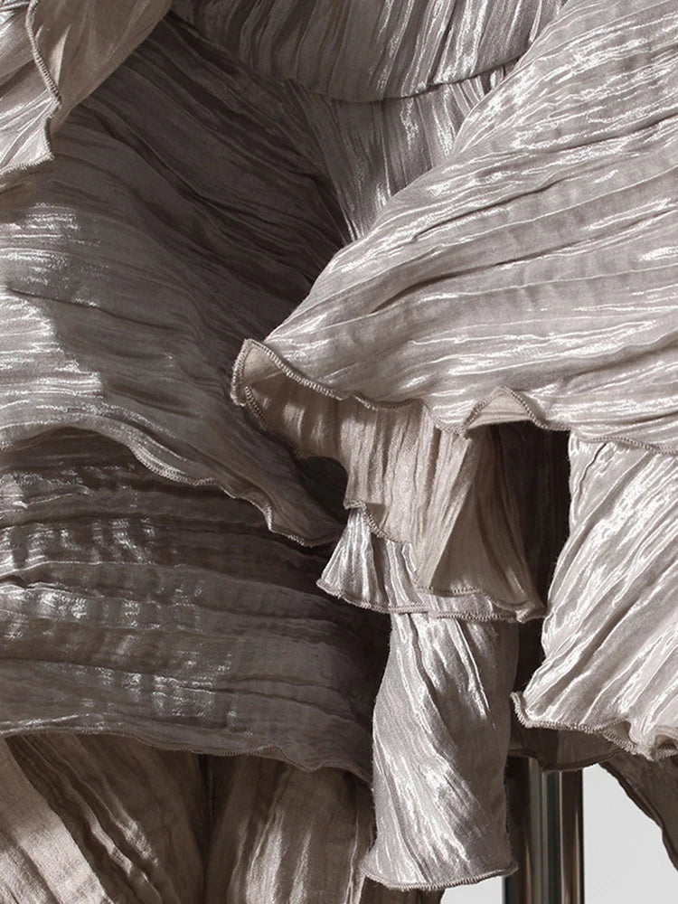 Women Silver Gray Textured Pleated Ruffles Vest Dress New Round Neck Sleeveless Fashion Tide Spring Summer 2025 7AB9278