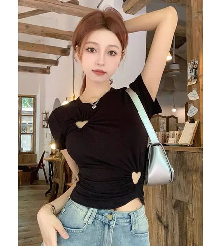 Sexy Woman T Shirts Y2k Tops Short Sleeve O-necj Tunic Tees Fashion Summer Camisetas Hollow Out Korean Tshirts 2024 Ropa Mujer