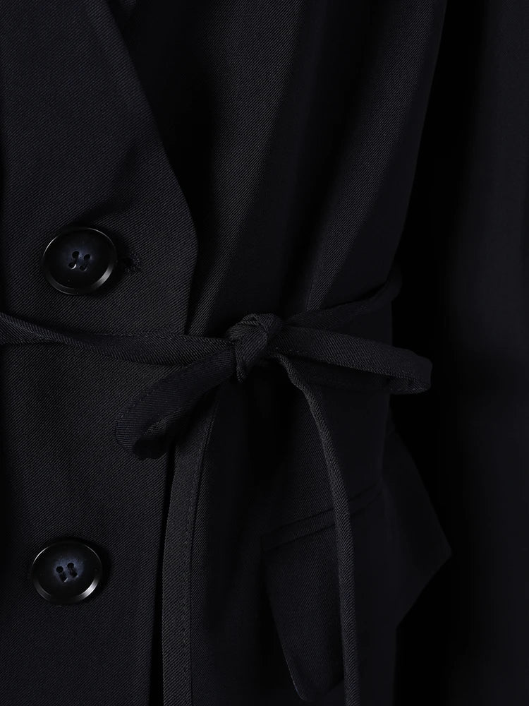 Women Navy Blue Bandage Big Size Elegant Blazer New Lapel Long Sleeve Jacket Fashion Tide Spring Autumn 2025 1DH7507