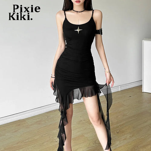 Load image into Gallery viewer, Asymmetrical Mesh Ruffle Dresses for Women Y2k Summer Sexy Spaghetti Strap Backless Mini Dress Black White P71-CD20
