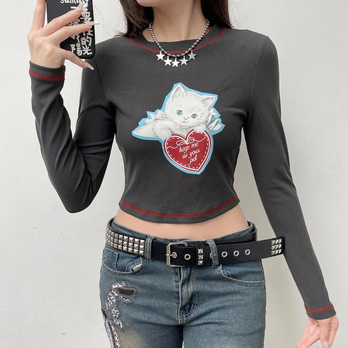 Load image into Gallery viewer, Kawaii Cat Printed Bodycon Tee Shirt Female Vintage Y2K Stitch Long Sleeve Top Harajuku Autumn T shirts Korean Sweat
