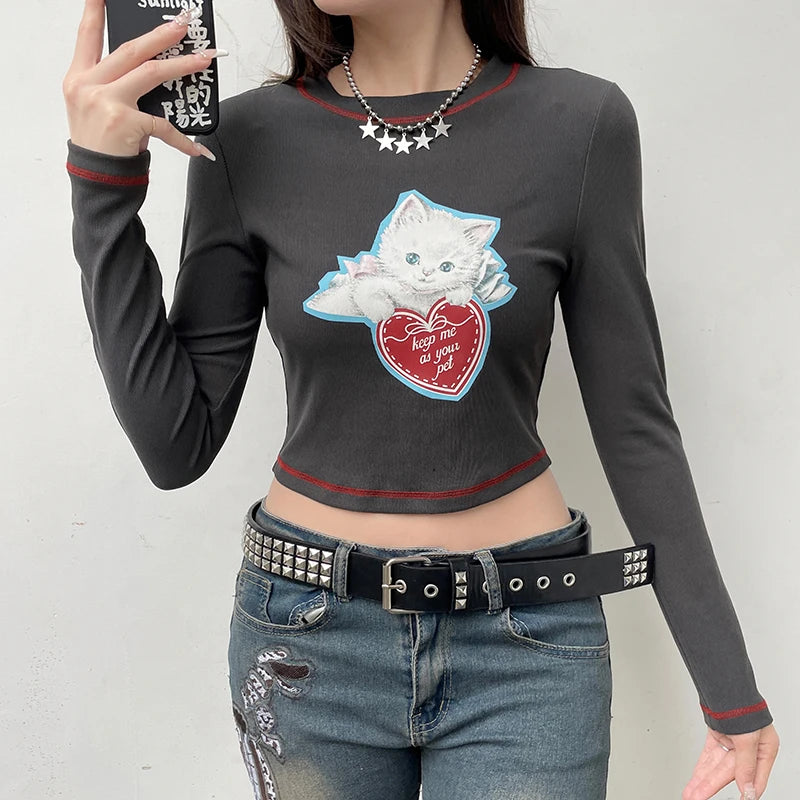 Kawaii Cat Printed Bodycon Tee Shirt Female Vintage Y2K Stitch Long Sleeve Top Harajuku Autumn T shirts Korean Sweat