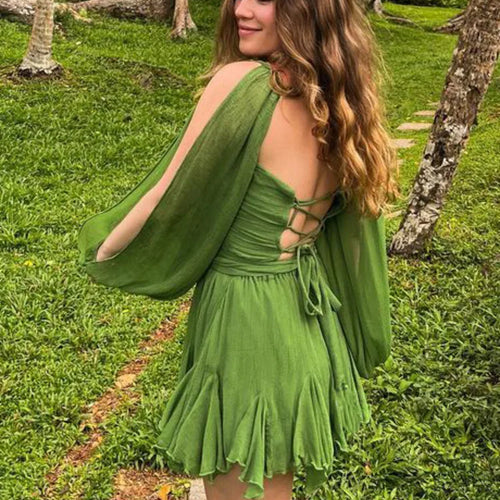 Load image into Gallery viewer, Elegant Long Sleeved Mesh Transparent Pleated Dress For Women Sexy Deep V Backless Double Layered Mini Skirt Party Beach
