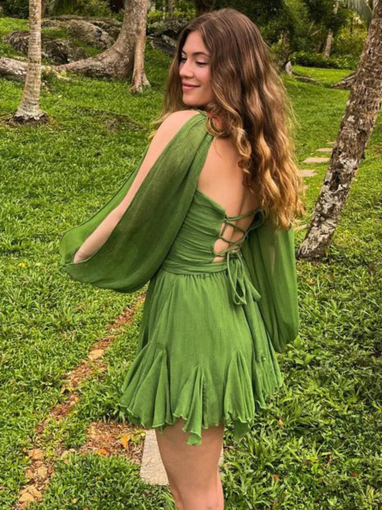 Elegant Long Sleeved Mesh Transparent Pleated Dress For Women Sexy Deep V Backless Double Layered Mini Skirt Party Beach