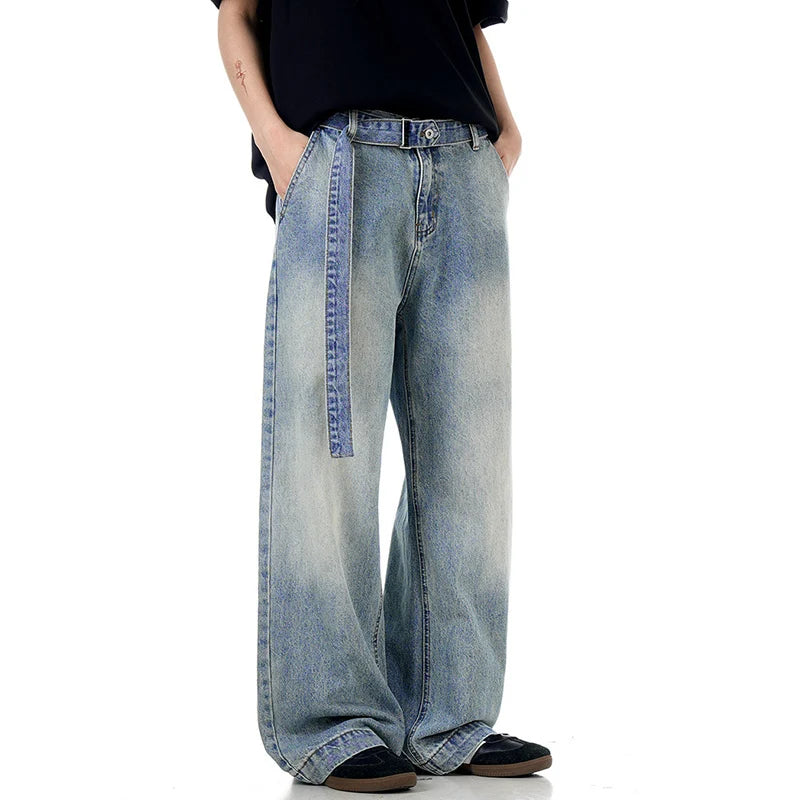 Men's Jeans New American Style Waistband Solid Color Design Denim Pants Loose Straight Leg Pants Trendy Spring 2025 9W1378