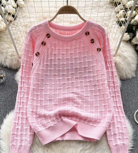 Autumn Winter White Long Sleeved Versatile Button Sweater Vintage Sweet Bow Pink O Neck Knitted Loose Pullover Tops Women Simple