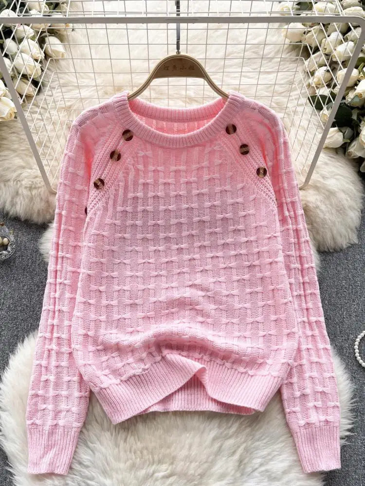 Autumn Winter White Long Sleeved Versatile Button Sweater Vintage Sweet Bow Pink O Neck Knitted Loose Pullover Tops Women Simple