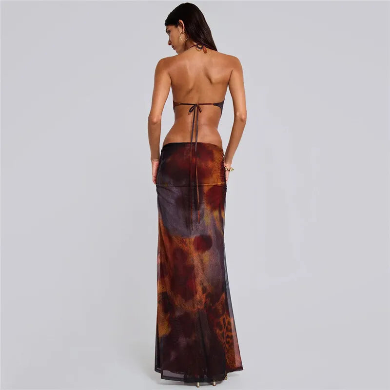 Halter Deep V Neck Print Sexy Maxi Dress For Women Gown Summer New Hollow Out Sleeveless Backless Beach Long Dress