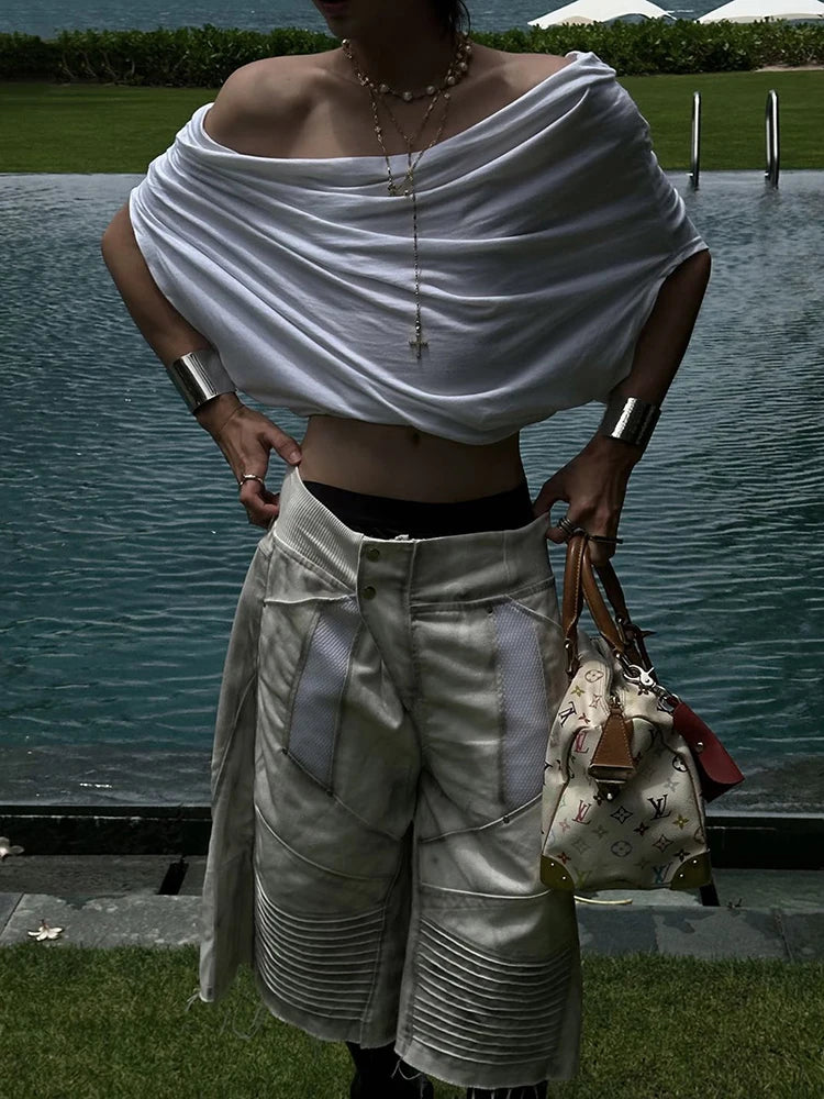 One Shoulder Leisure t-Shirt Women Folds Solid Skinny Loose Summer New Trend Simple Classic Versatile Street Daily Tops